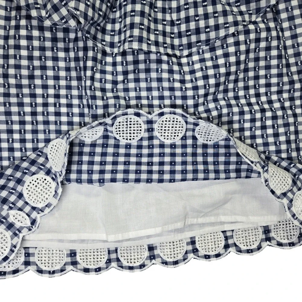 J. Crew Womens Blue Gingham Eyelet Scalloped Hem Tie Strap Ruffle Top G6577 Sz 2